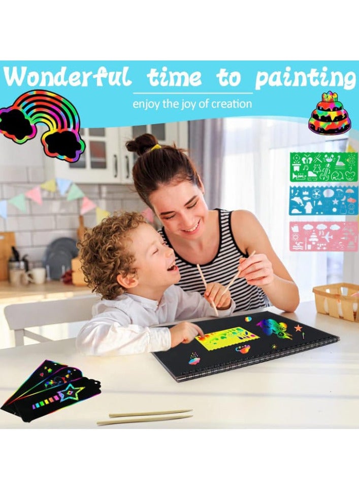 A scratch drawing notebook, featuring colorful magic scratch-off paper for children aged 3 to 12. The set includes drawing pads filled with vibrant colors that can be scratched off, making it ideal for arts, crafts, and creative activities. - Image 4